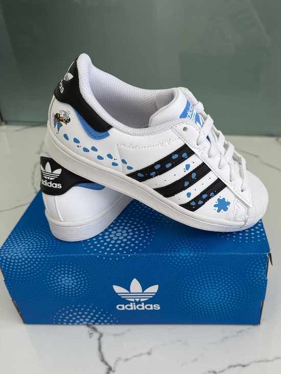 adidas Other - adidas Kids White Sneakers with Black Stripes and Blue Accents